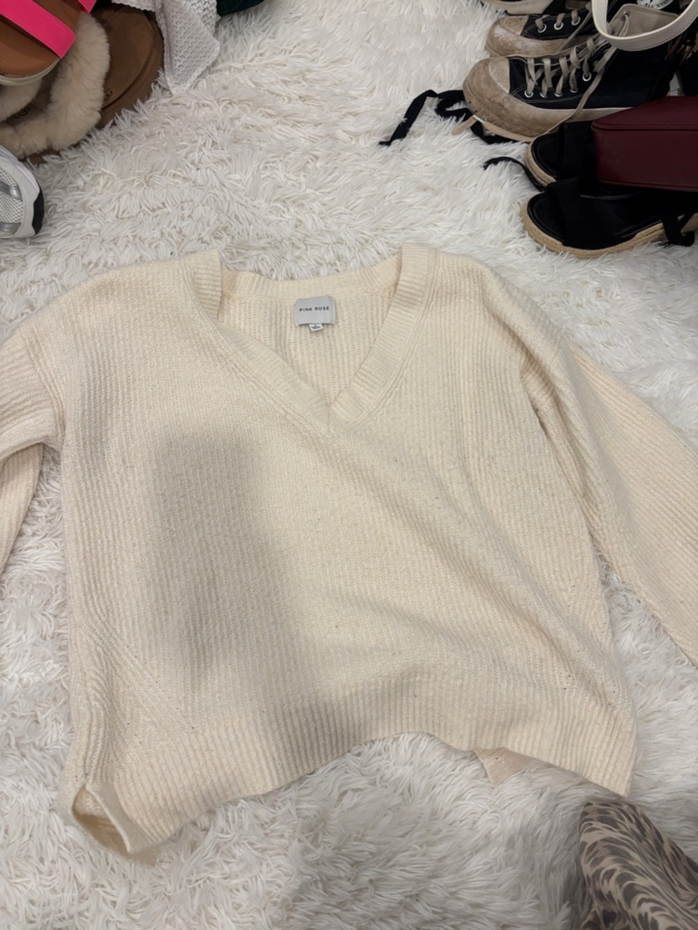 Pink Rose Ivory V-Neck Lightweight Knit Sweater